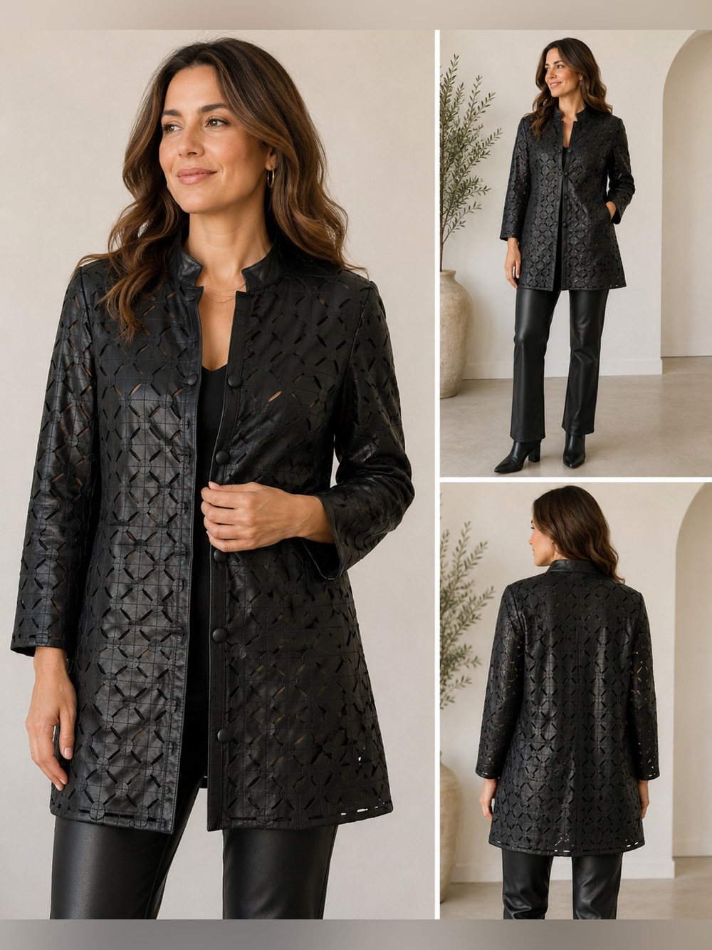 Stillman Studio XL Black Genuine Lamb Leather Laser Cut Floral Long Jacket